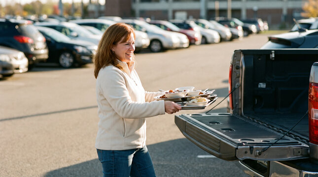 Woman carrying a tray of food to a tailgate table in a stadium car park