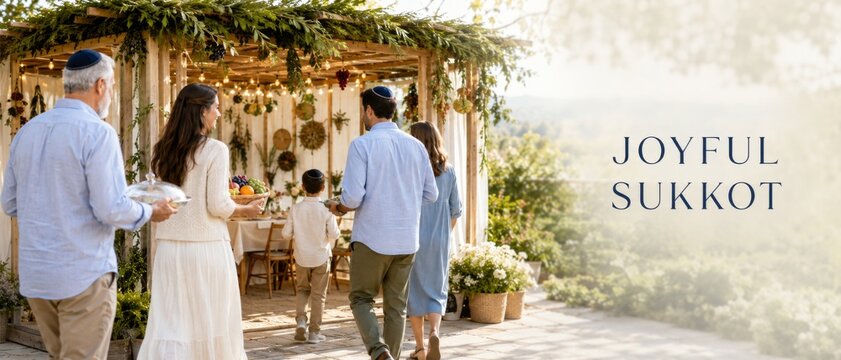 Sukkot family celebration in decorated outdoor sukkah with Hebrew Jewish tradition, greenery, festive meal, and Joyful Sukkot greeting beside bright copy space for seasonal marketing use worldwide
