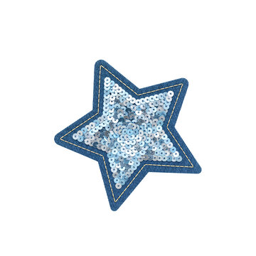 Blue denim star patch with light blue sequin inlay isolated on transparent background clothing art.