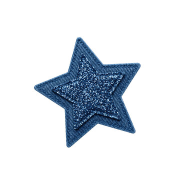 Blue denim star patch with sparkling glitter overlay for trendy stylish apparel decoration use.