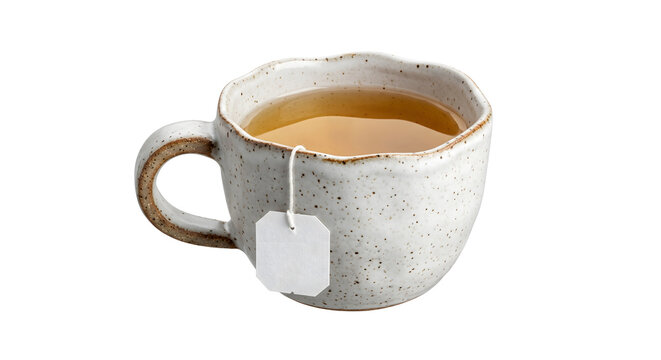 Ceramic cup with tea bag and herbal infusion in rustic speckled design perfect for beverage advertising.