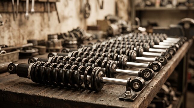 Industrial automotive shock absorbers in receding layers arranged on a workbench in a garage