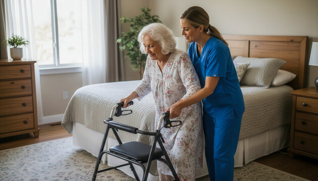 Female nurse in blue scrubs assisting an elderly woman to stand up with a walker in a cozy bedroom. compassionate homecare, senior lifestyle, aging support.