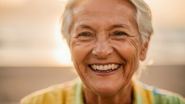 Portrait of a happy senior woman smiling warmly outdoors during a bright golden sunset. active aging, joyful retirement, peaceful lifestyle.