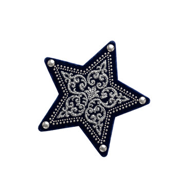 Dark blue velvet star patch featuring sparkling silver scrollwork and metal studs for craft design.