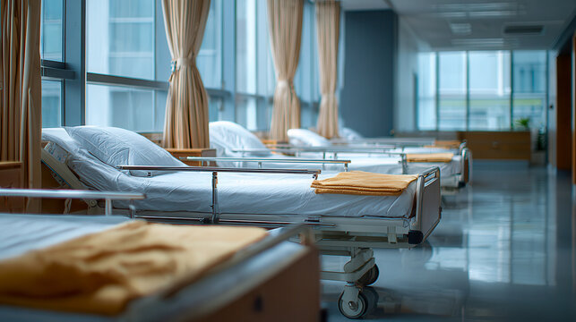 An empty hospital ward features rows of beds and large windows in a clean facility, medical care, healthcare system, sterile environment.