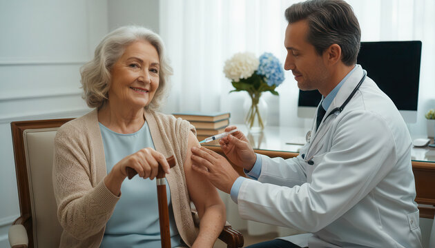 A male doctor administers a vaccine injection to an elderly woman sitting in a clinic, vaccination campaign, medical care, senior health, disease prevention.