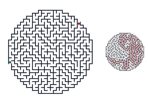 Circular maze design with entrance and exit points  