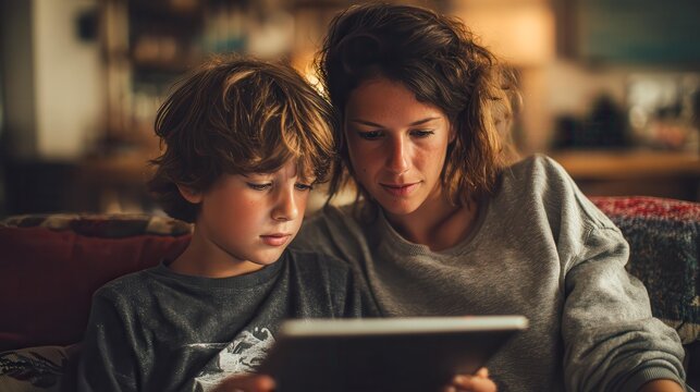 A mother and her young son look at a digital tablet together indoors, family learning, technology use, digital parenting.