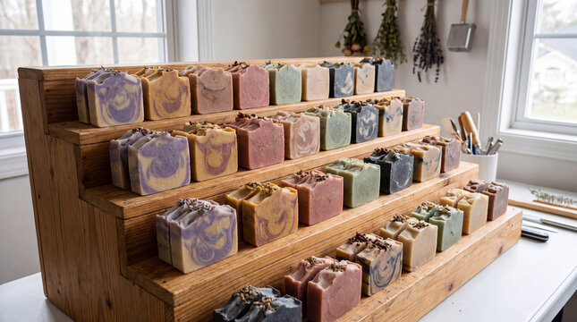 Artisan handmade soap bars in various natural colors and textures curing on a tiered wooden display rack, suggesting small business production, natural cosmetics, and organic personal care