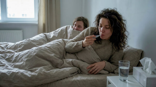 A sick woman blows her nose with a tissue in bed while a man sleeps in the background, flu season, home recovery, couple lifestyle.