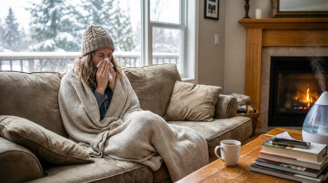 A sick person wrapped in a blanket sits on a sofa in a cozy room with a fireplace and snowy view, winter cold, flu season, home recovery.