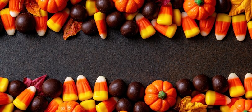 Halloween candy corn and chocolate with pumpkins and autumn leaves framing empty center