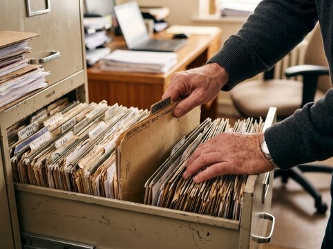 Close-up of a businessman's hands searching through organized paper files and document folders inside an open metal filing cabinet in a workplace office.