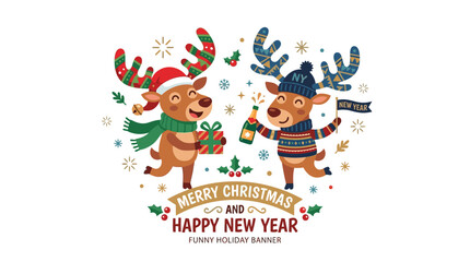 Naklejka premium Cute Reindeer Couple Celebrating Christmas and New Year
