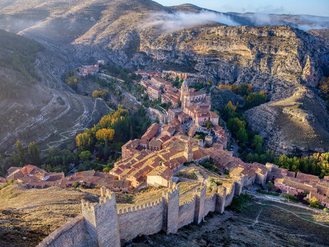 Views of Albarracin at sunset with the church of Santa Maria y Santiago.