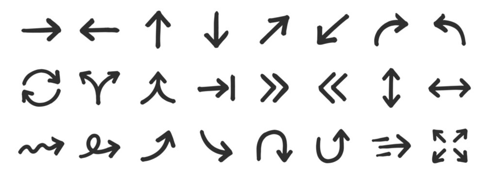 Arrow hand drawn marker doodle icon set. Direction, navigation, movement and interface symbols. Rough sketch linear vector illustration. Bold black outline elements for web, UI, presentation