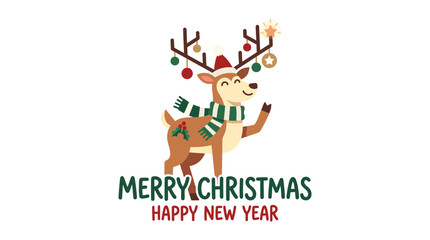 Fototapeta premium Cute Christmas Reindeer Wearing Scarf and Hat