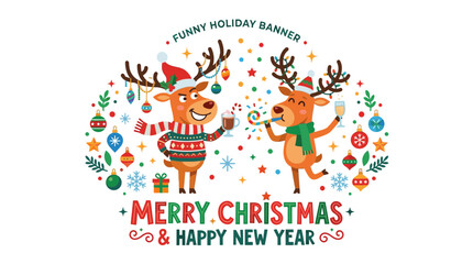 Fototapeta premium Funny Reindeer Couple Celebrating Christmas and New Year