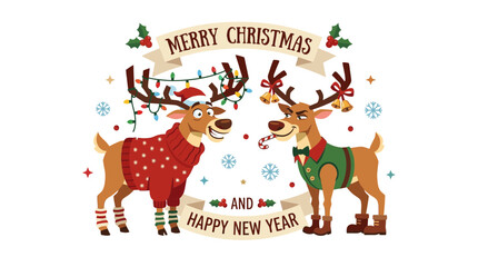 Fototapeta premium Two cartoon reindeer celebrating Christmas and New Year