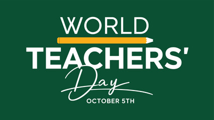 Obraz premium Minimalist World Teachers' Day Celebration Graphic with Pencil Element, October 5th Education Event Banner, Professional Green Background Design for Global School Appreciation Theme