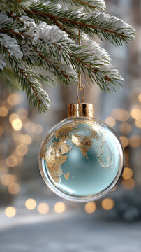 Clear glass christmas bauble with a gold world map hangs on a frosted evergreen branch, evoking global holiday celebrations, international connections and festive commerce
