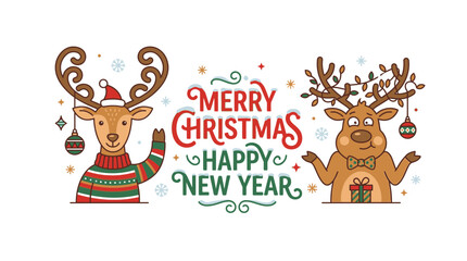 Naklejka premium Cute Reindeer Characters Wishing Merry Christmas and Happy New Year