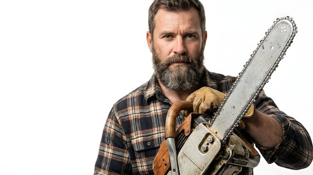 Rugged bearded lumberjack wearing plaid flannel shirt holds heavy metal chainsaw with gloves while posing professionally on white background