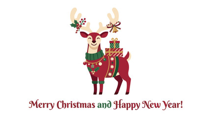 Fototapeta premium Cute Reindeer Character with Gifts and Festive Attire