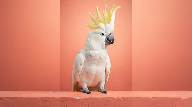 Beautiful white cockatoo bird with yellow crest on a coral background