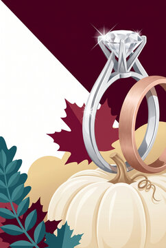 Wedding rings displayed on a pumpkin with autumn leaves and greenery  