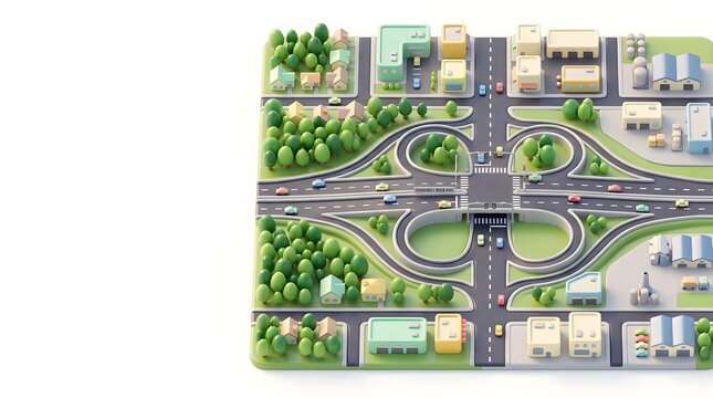Isometric city highway interchange featuring small colorful buildings and green trees with tiny moving toy cars on white background