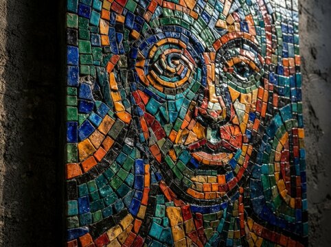 Mosaic of tiny ceramic tiles creating an abstract portrait in sharp focus with studio quality and rich colors