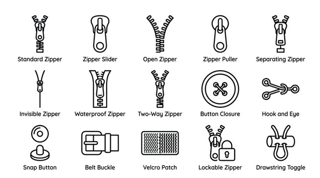 Black and white outline icons representing various types of zippers and fasteners often used in clothing and accessories for securing items.