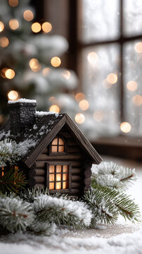Miniature wooden house glowing with warm light nestled in snow-covered pine branches, evoking cozy holiday spirit, dream home aspiration and peaceful winter celebration with bokeh