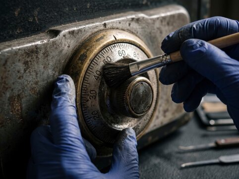 Close-up of forensic investigator in blue gloves dusting an antique safe combination lock dial with a brush to reveal latent fingerprints and criminal evidence.