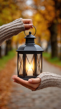 Person holding a glowing lantern with a warm candle light, symbolizing guidance and hope, celebrating saint martin's day during an autumn evening procession