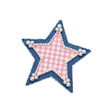 Denim star patch filled with pink gingham pattern and pearl borders for sweet clothing designs.