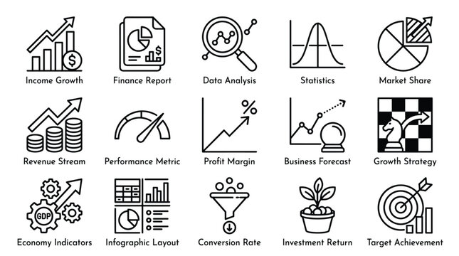 Economy and finance report line icon set including income growth profit margins and market share statistics for comprehensive business data analysis.