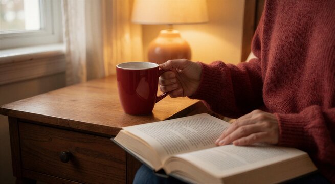 A person in a red sweater holds a warm Christmas holiday drink while reading a book near a glowing lamp.
