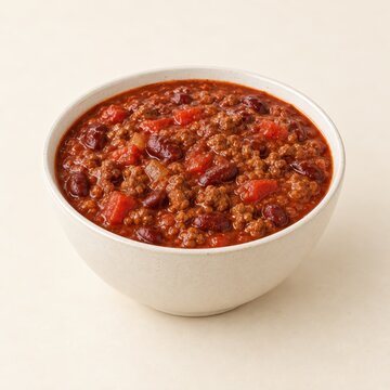 Bowl of hearty chili con carne with kidney beans, ground beef, and diced tomatoes on a light background, showcasing a delicious and comforting meal option