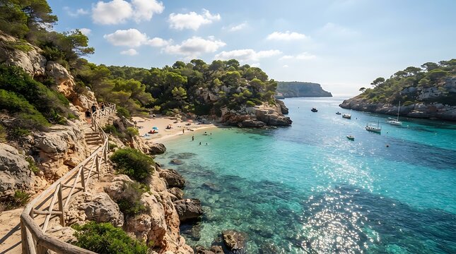 Turquoise coastal cove with rocky cliffs and clear waters inviting beachgoers for summer vacation relaxation