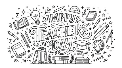 Fototapeta premium Hand drawn happy teachers day card with school supply elements, set of three greeting cards, hand written typography, retro school supplies isolated on White Background