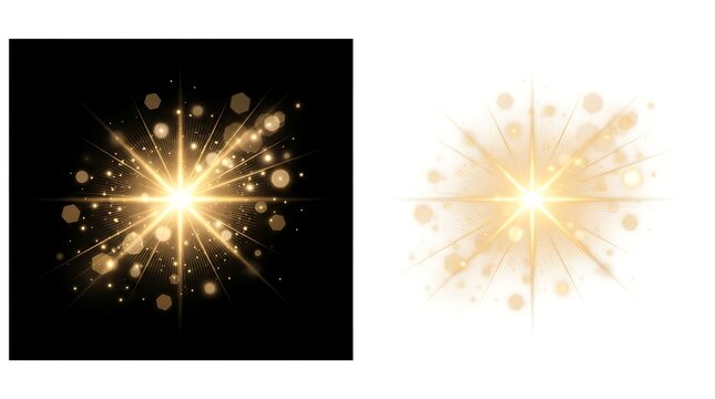 Golden starburst light effect with soft lens flare radiating from central point on black background