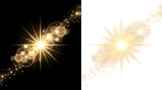 Lens flare and starburst effect creating cosmic light burst in deep space studio background