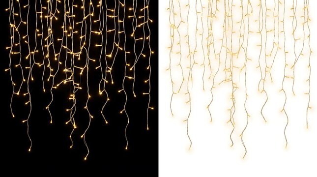Golden hanging fairy lights creating intricate patterns against dark background for event decoration