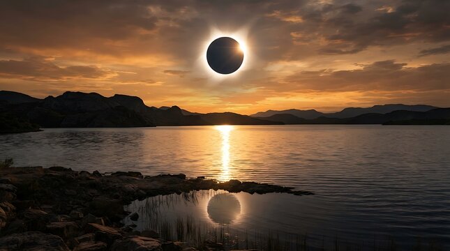 Solar eclipse over serene lake during golden hour with clear sky reflection