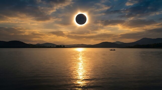 Solar eclipse over calm lake with silhouette of distant boat during golden hour twilight