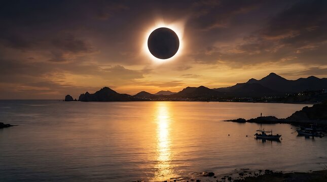 Solar eclipse over ocean with silhouette mountains and golden sun rays at dusk