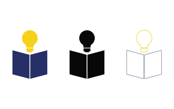 Three variations of an open book icon with a light bulb symbol isolated on a clean white background